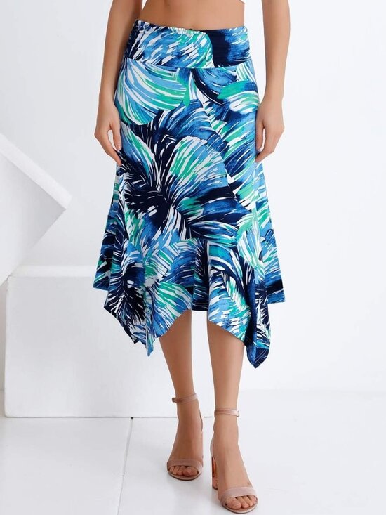 Women's Tropical Print Flowy Handkerchief Hemline Romantic Hanky Hem Midi Skirt - Picture 2 of 3